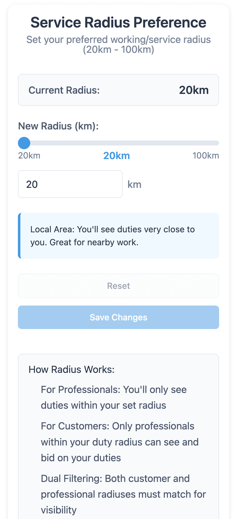 Work Radius Preferences